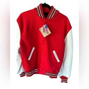 Skookum Wool Varsity  Red White Letterman Bomber Jacket Made In USA Size S NEW
